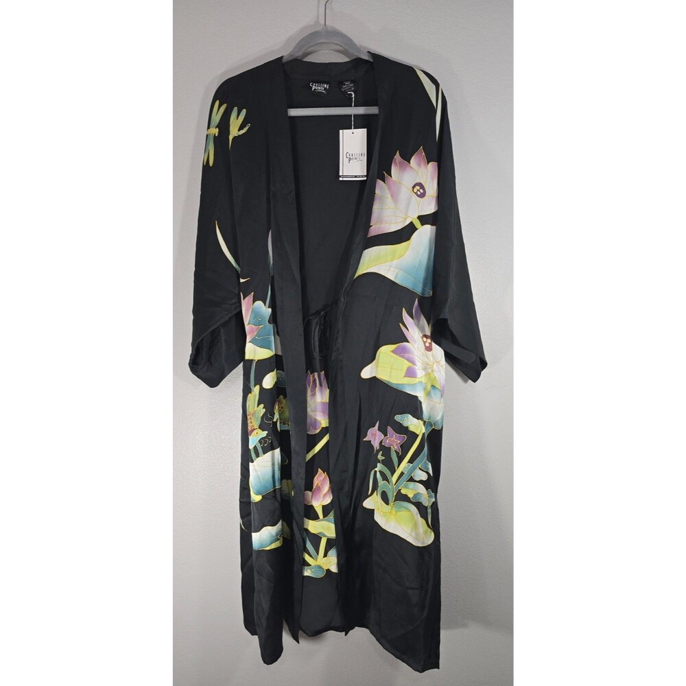 Crossing Pointe 100% Silk Black Floral Wrap Kimono Dress sz M NWT BM